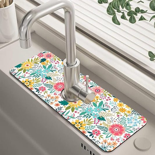 Colorful Floral Leaves Berries Kitchen Sink Splash Guard Mat Absorbent Fast Drying Mat Faucet Draining Mat Sink Splash Guard Behind Faucet Drip Catcher for Kitchen Bathroom 5.5"×15"