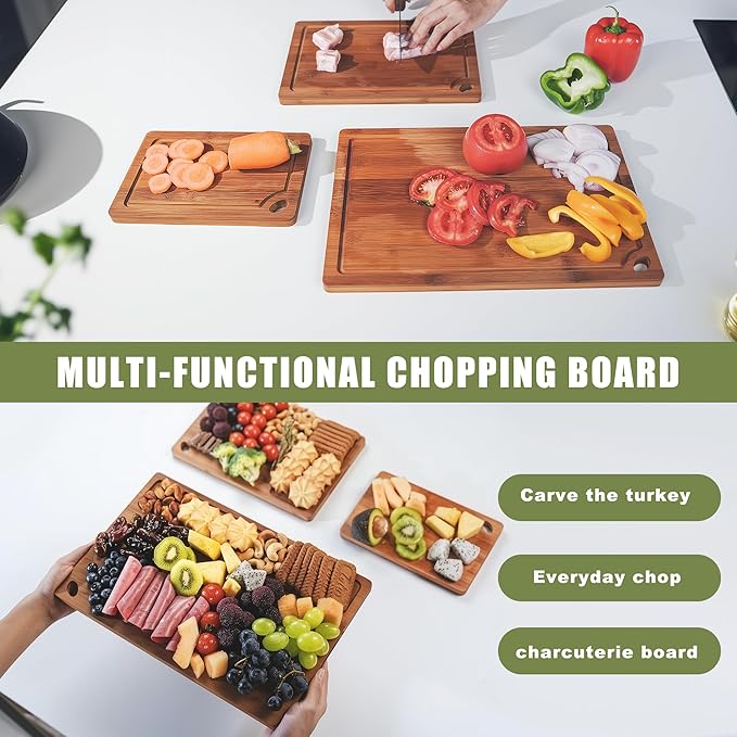 CASAFIT 3 Pack Bamboo Cutting Boards for Kitchen, No Slip Chopping Boards with Juice Groove, Multi-Size Cutting Board Set for Meat Vegetable Fruit for Home & Housewarming Gfit, Wooden Chopping Board