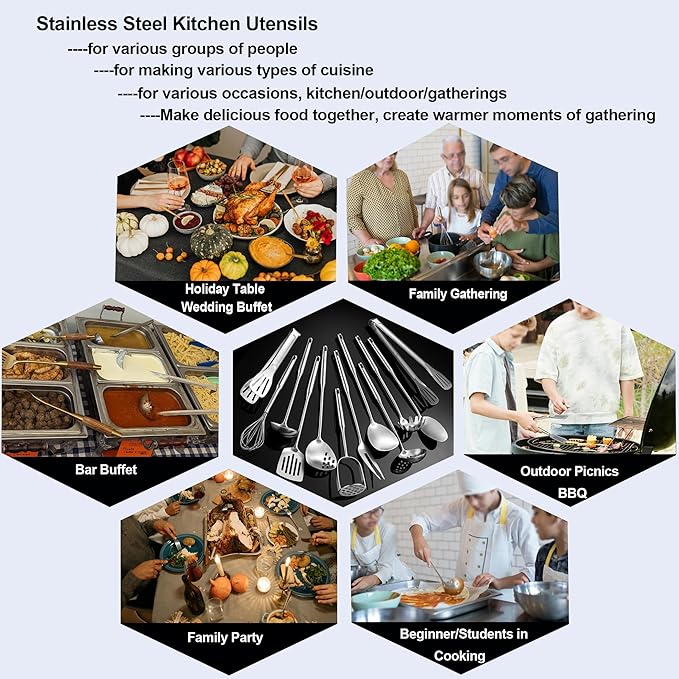NIITAWH Stainless Steel Kitchen Utensils 12 Pcs, Small Cooking Utensils Set,Spatulas,Ladle,Skimmer,Tunners,Serving Spoon,Spaghetti Spoon,Fork,Potato Masher,Egg Whisk,Tongs,Dishwasher Safe