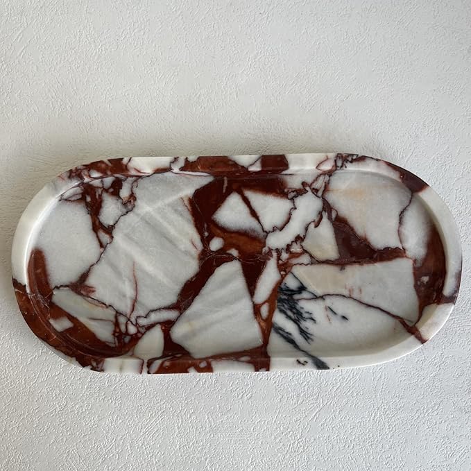 SAIDKOCC Natural Marble Oval Tray Ornaments Vintage Small Tray Storage Dish for Counter, Vanity, Dresser, Nightstand and Desk (Calacatta Red)