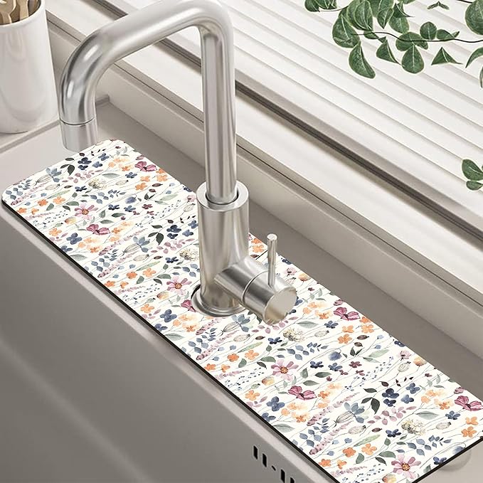 Vintage Watercolor Floral Kitchen Sink Splash Guard Mat Absorbent Fast Drying Mat Faucet Draining Mat Sink Splash Guard Behind Faucet Drip Catcher for Kitchen Bathroom 5.5"×24"