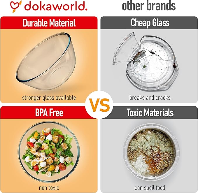 dokaworld 7 Stackable Space-Saving Nesting Glass Bowls with Pink Lids for Foodprep, Storage, Baking, Mixing & Cooking, Microwave Safe - Durable Inert Borosilicate Glass