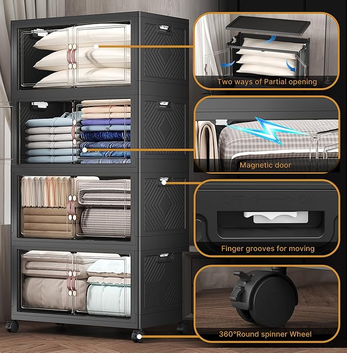 Extra Large Stackable Storage Bins with Lids & Wheels, 1344QT-168QT/42GAL*8Pack Foldable Collapsible Closet Organizers Dark Storage Cabinet with Doors for Bedroom Dorm