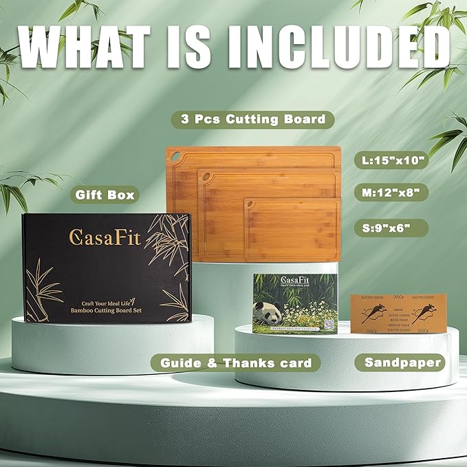 CASAFIT 3 Pack Bamboo Cutting Boards for Kitchen, No Slip Chopping Boards with Juice Groove, Multi-Size Cutting Board Set for Meat Vegetable Fruit for Home & Housewarming Gfit, Wooden Chopping Board