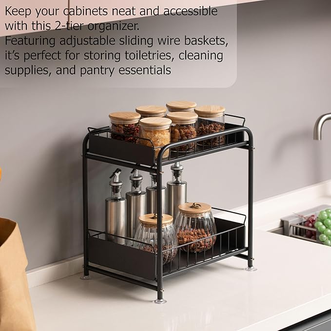 Basicwise Under Sink Organizer Sliding Wire Baskets Adjustable 2-Tier Metal Storage Rack for Bathroom Kitchen or Utility Cabinets Pull-Out Shelf for Cleaning Supplies & Pantry Essentials, Set of 2