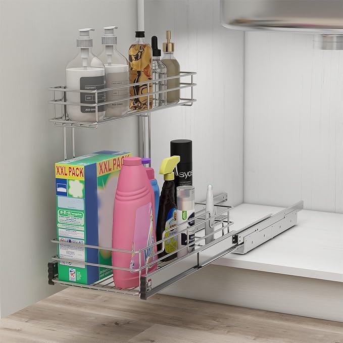STORKING Under Sink Organizer 9" W X17 D, Pull Out Cabinet Organizer 2 Tier, Under Sink Slide Out Chrome Plated, Under Kitchen Bathroom Sink Organizer, Pantry Cabinet Closet Organization Rack, 2 Pack