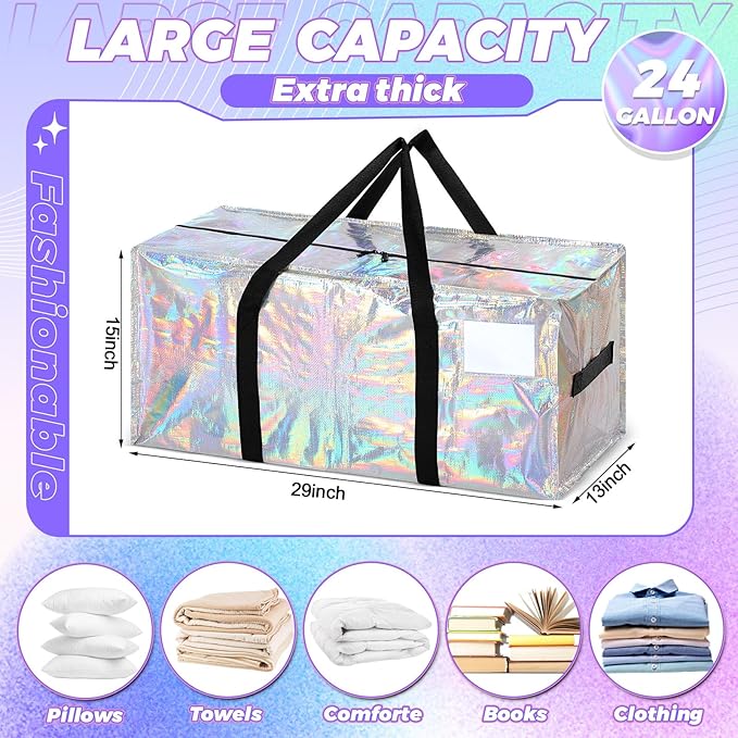 4 Pcs 24 Gallon Extra Large Moving Bags Heavy Duty Storage Bag with Strong Zipper Handle Foldable XXL Jumbo Storage Tote Packing Moving Box for College Dorm Travel Cloth Duffle (Iridescent)