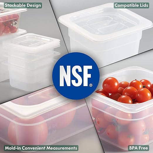 CURTA 6-Pack 1/3 Size 4" Deep Food Pan with Handled Lid – NSF Listed Commercial-Grade Translucent Polypropylene, Stackable Freezer-safe Storage for Restaurants, Catering & Buffets