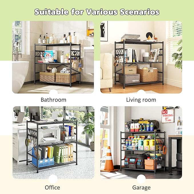 3Tier Storage Shelves Metal Shelving Unit Organizer,Adjustable Wire Shelving Rack Pantry Kitchen with Hooks,Shelves for Laundry,Office and Bathroom closet shelves 23.6" W x 13.8" D x 30.9" H