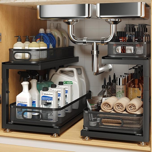 Biboraya 2-Pack 18.5 IN Depth Under Sink Organizer With Next-Gen Ball-Bearing Slides,Sophisticated Mesh 2-Tier Pull Out Shelf for Kitchen & Bathroom,Fits Small Items-Black