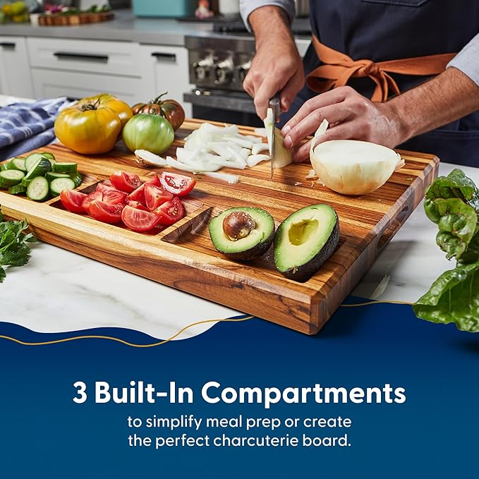 Sonder Los Angeles Bradbury Wood Cutting Board | Teak Edge Grain Cutting Board for Kitchen with Juice Groove & Sorting Compartments for Charcuterie | Gift Box Included | 20x15x1.5 in