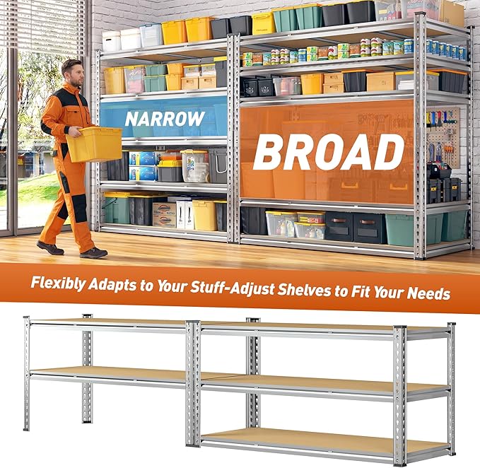 Galvanized Garage Shelving Load 3100LBS, 5-Tier Storage Shelves, Adjustable Garage Storage Shelves, Industrial Shelving, Metal Shelf for Basement, Warehouse, Kitchen, 48" W x 71.9" H x 24.1" D