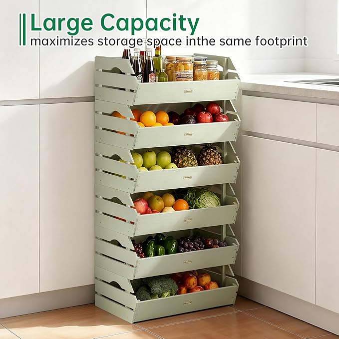 HABAU Potato Onion Storage Bin - Wood Stackable Produce Basket with Handles - Fruit and Vegetable Storage for Kitchen and Pantry Counter Organization - 3 Pack