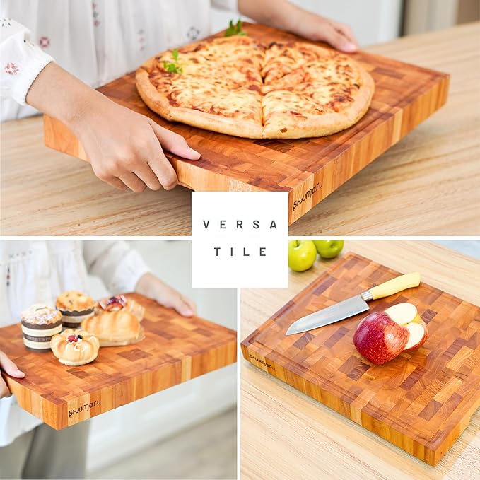 SHUMARU Mahogany End-Grain Wood Cutting Board – 16.5x12.6x1.6" Butcher Block | Handmade in Bali - Silky-Smooth, Juice Groove, Knife‑Friendly, Ergonomic Grips & Non‑Slip Feet