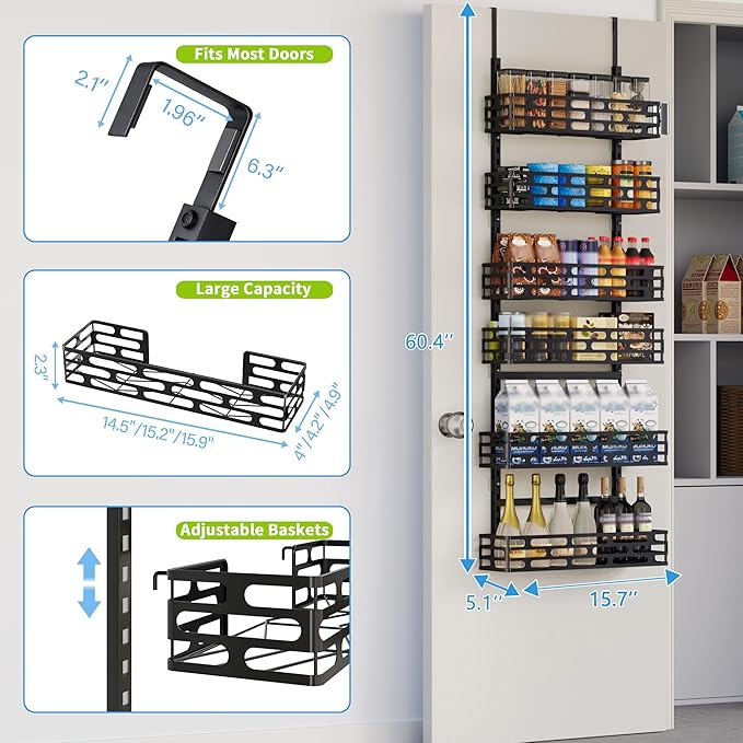 6-Tier Over The Door Pantry Organizer, Pantry Organizers and Storage, Metal Hanging Spice Rack, Over the Door Organizer for Home & Kitchen, Laundry Room Bathroom, Black