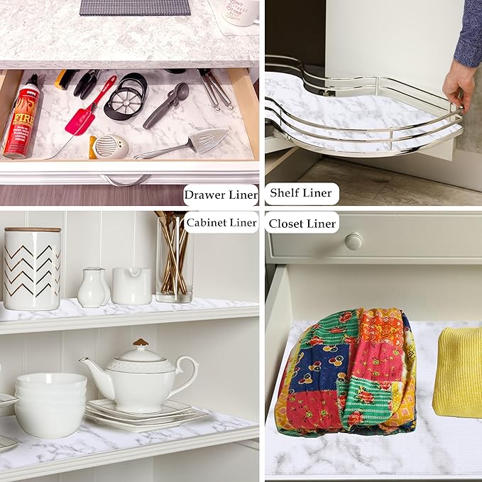 Shelf Liners for Cabinets 15 Inch Wide X 20 Ft Non Slip Waterproof Drawer Cupboard Liner Strong Grip Non Adhesivepantry Shelf Closet Liner for Kitchen Bathroom Refrigerator Dresser Drawer Mat Marble