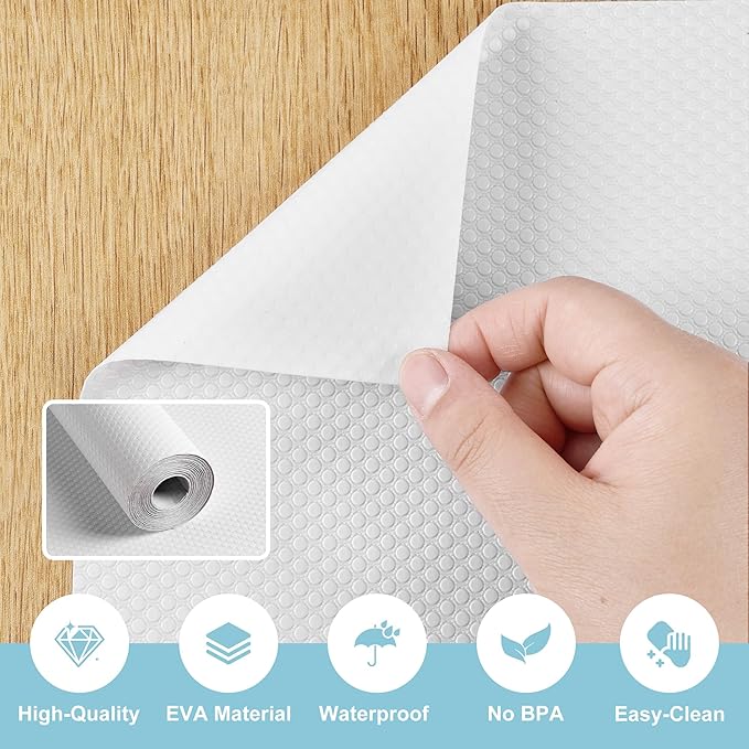Self Adhesive Cabinet Shelf Liner: Peel and Stick White Waterproof Contact Paper - Non-Slip Removable Kitchen Drawers Liners for Pantry Cupboard 10" W x 144" L