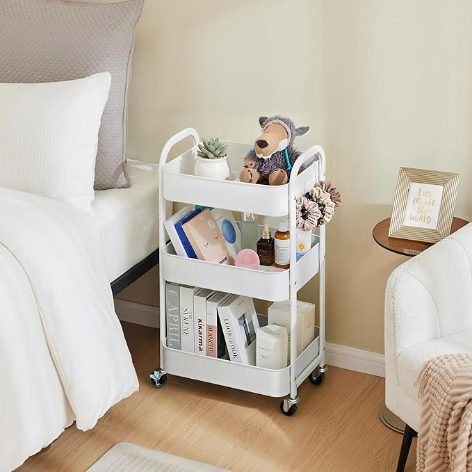 MAX Houser 3-Tier Rolling Utility Cart with Caster Wheels,Easy Assembly, for Kitchen, Bathroom (White)
