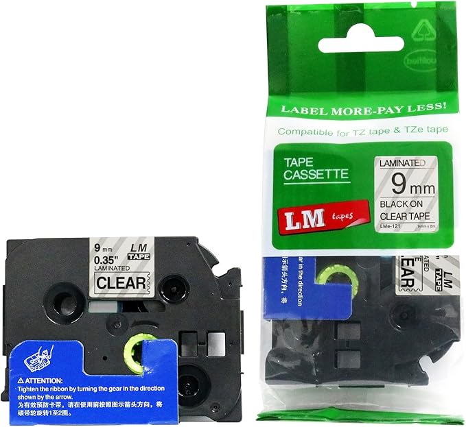 1/Pack LM Tapes - LMe121 Premium 3/8" Black Print on Clear Label Compatible with P-Touch TZe-121 Tape and Includes Tape Color/Size Guide. Replaces TZ-121 9mm 0.35 Laminated.