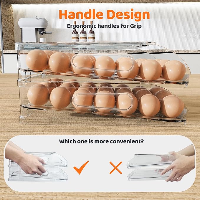 Egg Holder for Fridge, Automatic Steady Rolling Egg Dispenser with Silicone Bumpers & Handle for Refrigerator, Large Capacity Egg Organizer with Lid (2 Tier Holder 24 Eggs (M SIZE))