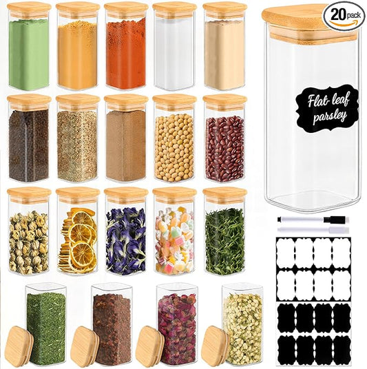 20 Pack 10 oz Square Glass Spice Jars with Lids and Labels – Airtight Small Spice Containers Set, Clear Glass Storage Jars for Seasoning, Spices, Kitchen Pantry Organization
