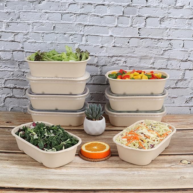 JAYEEY 23 oz Disposable salad bowls with lids, Sugarcane Fiber Paper Bowls take away food containers meal prep food storage deli container 50 Pack