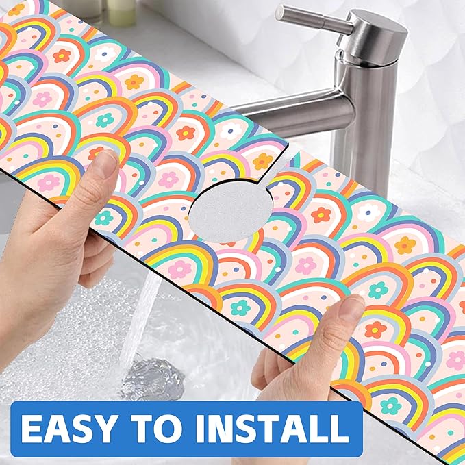 Boho Rainbow Hippie Floral Kitchen Sink Splash Guard Mat Absorbent Fast Drying Mat Faucet Draining Mat Sink Splash Guard Behind Faucet Drip Catcher for Kitchen Bathroom 5.5"×24"