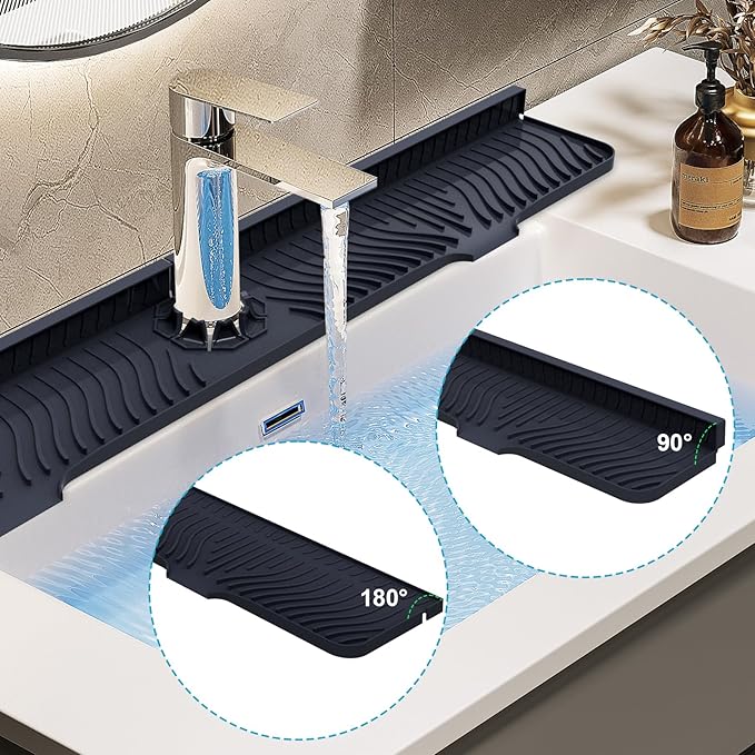 Derlights 33 inch Sink Splash Guard Mat, Silicone Faucet Handle Drip Catcher Tray, Longer Silicone Sink Mat for KitchenBathroom, Drip Protector Splash Countertop (Black)