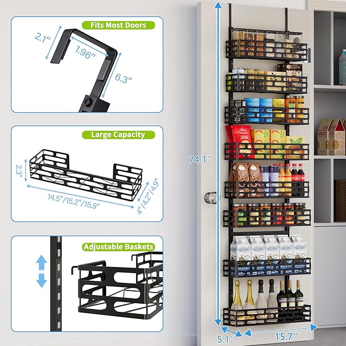 8-Tier Over The Door Pantry Organizer, Metal Pantry Organizers and Storage with Adjustable Basket, Spice Rack Seasoning Shelves for Home & Kitchen, Laundry Room Bathroom, Black