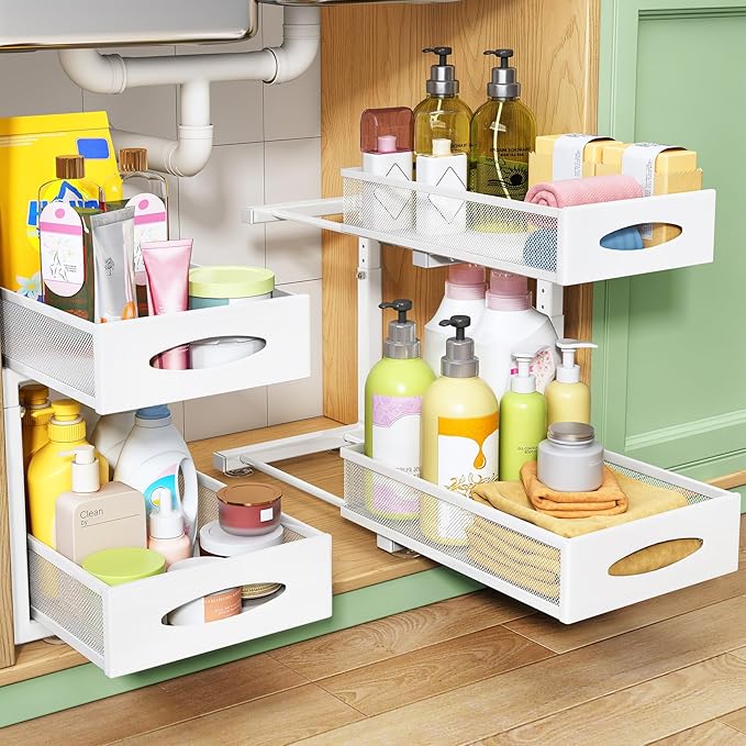 Under Sink Organizer, 2 Tier Pull out Cabinet Organizer Baskets with Mesh Sliding Drawers, Slide out Storage Shelf for Home, Kitchen, Bathroom, Pantry, Office Cabinet(1 Pack, White)