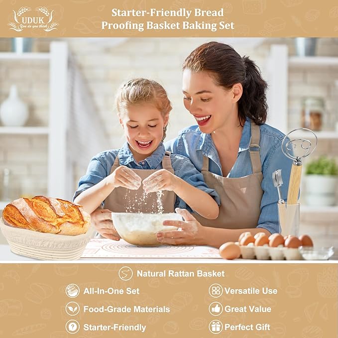 UDUK Sourdough Starter Kit - Bread Proofing Basket Set with 9.6" Oval Banneton Baskets x2, Silicone Bread Sling Baking Mat, Whisk Cutter Scraper Lame - Ideal Sourdough Bread Baking Supplies