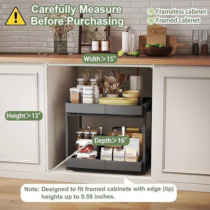 2 Tier Pull Out Cabinet Organizer ,Adjustable Width & Height,Expandable Pull-Out Drawers For Cabinets, Slide Out Shelves for Kitchen Cabinets / Countertop / Pantry,Heavy-Duty & Easy to Install(Black)