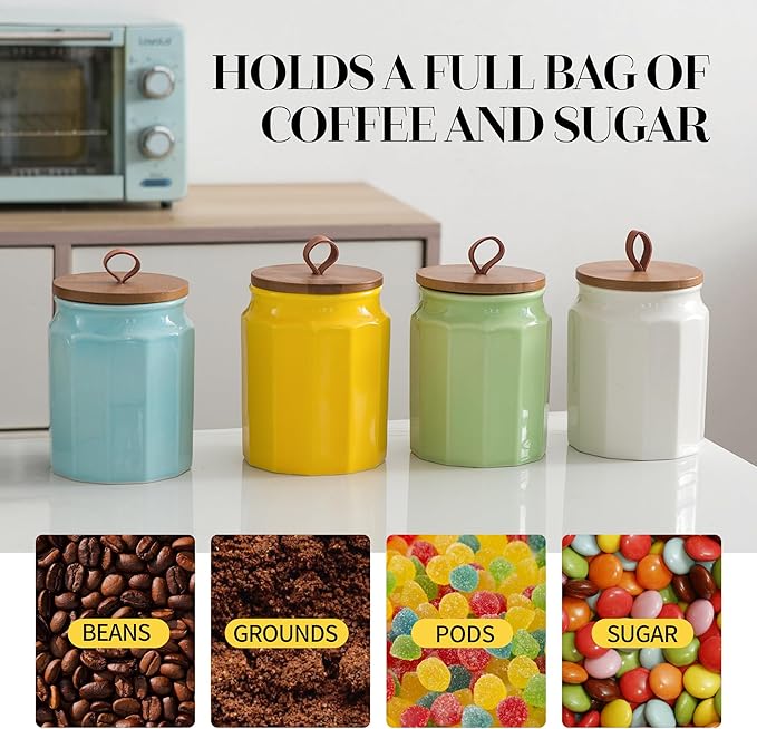 Canister Sets for Kitchen, Set of 4 Ceramic Kitchen Canisters for Countertop with Airtight Wood Lids, Large Flour and Sugar Containers for Coffee, Tea, Spice