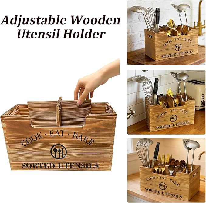 Iiglunatic Upgraded Design Wooden Utensil Holder for Kitchen Counter, Large Utensil Holder with 3 Adjustable Combination Designs for Countertop Organization, Ideal for Kitchen