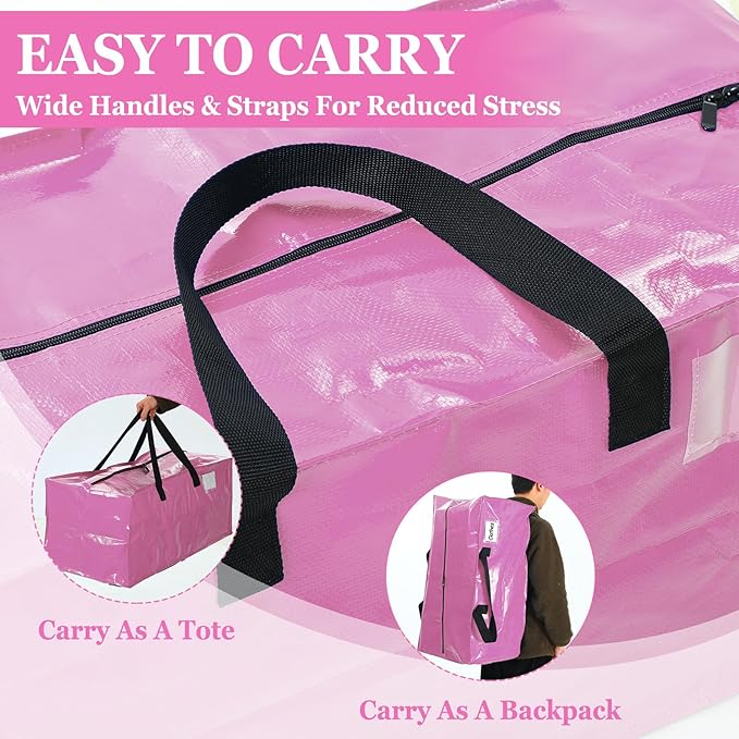 4 Pcs 24 Gallon Extra Large Moving Bags Heavy Duty Storage Bag with Strong Zipper Handle Foldable XXL Jumbo Storage Tote Packing Moving Box for College Dorm Travel Cloth Duffle (Pink)