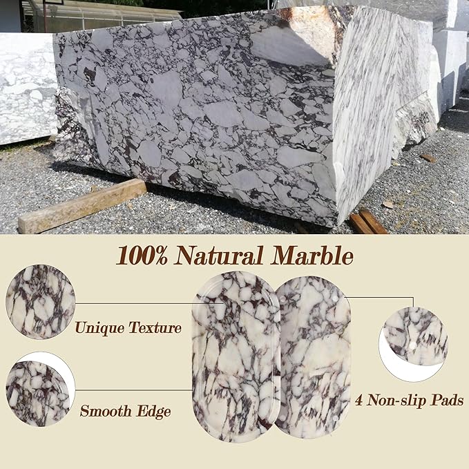 YMXYJM 100% Real Natural Marble Tray for Bathroom, Luxury Calacatta Viola Stone Vanity Tray, Decorative Oval Trays for Countertop Storage Organizer, Dresser, Kitchen, Home Decor, 11.8" x 6", Purple