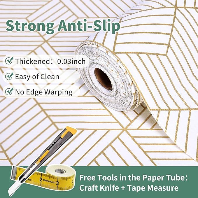 Shelf Liners for Kitchen Cabinets 23.6 in x 30 FT, Non Adhesive Cabinet Liner Strong Non-Slip Thickened Gold Geometric Drawer Liner, Easy to Clean for Shelf