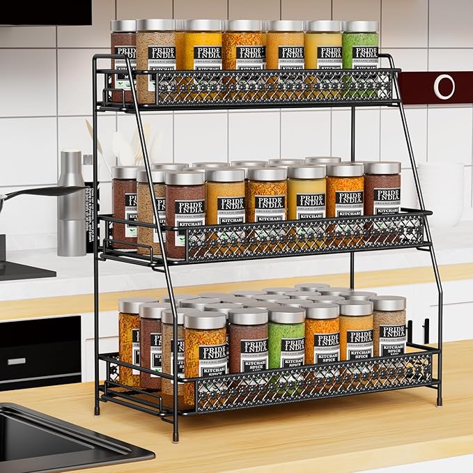 SILUB Vintage 3 Tier Spice Rack Organizer for Kitchen Counter, Bathroom Counter Organizer, 3 Tier Bathroom Counter Organizer for Spices Makeup Perfumes, Retro Countertop Organizer