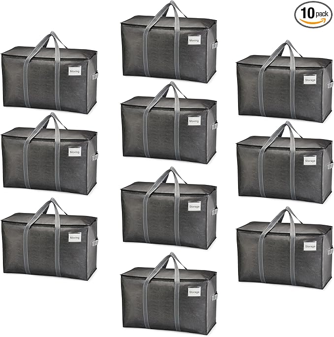 VENO 10 Pack Moving Bags and Large Christmas Storage Bins with lids. Alternative to Moving Boxes, Packing Supplies for College. Extra Large Heavy Duty Totes for Packaging (Dark Gray, 10 Pack)