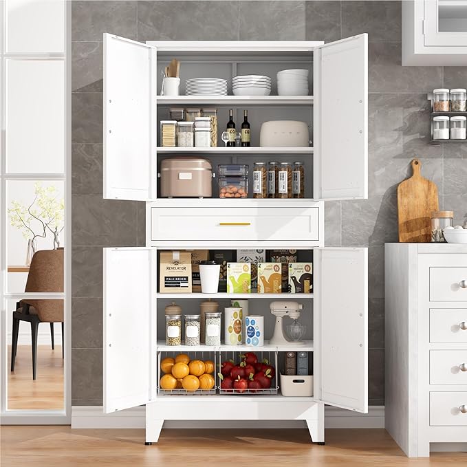 LCAOPC 71" Tall Pantry Storage Cabinet with Drawer and Adjustable Shelves, Freestanding Tall Kitchen Cupboard Storage Cabinet for Kitchen,Dining Room, Living Room, White