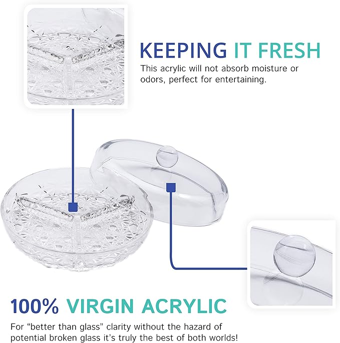 Huang Acrylic 3-Section Divided Serving Dishes with Lid | Round Snack and Condiment Tray With Cover | Multifunctional Party Snack Tray for Nuts, Candies, Fruit, and Veggies