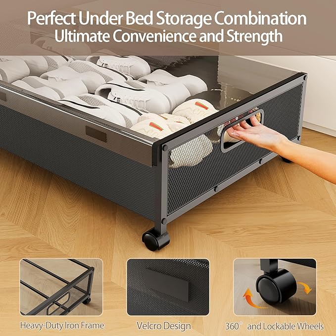 KITHELP Under Bed Storage with Wheels,2 Pack Under Bed Shoe Storage, Under the Bed Storage Drawers with Remove Window, Extra Large Rolling Under Bed Storage Metal Drawer for Clothes (Black-2 pack)