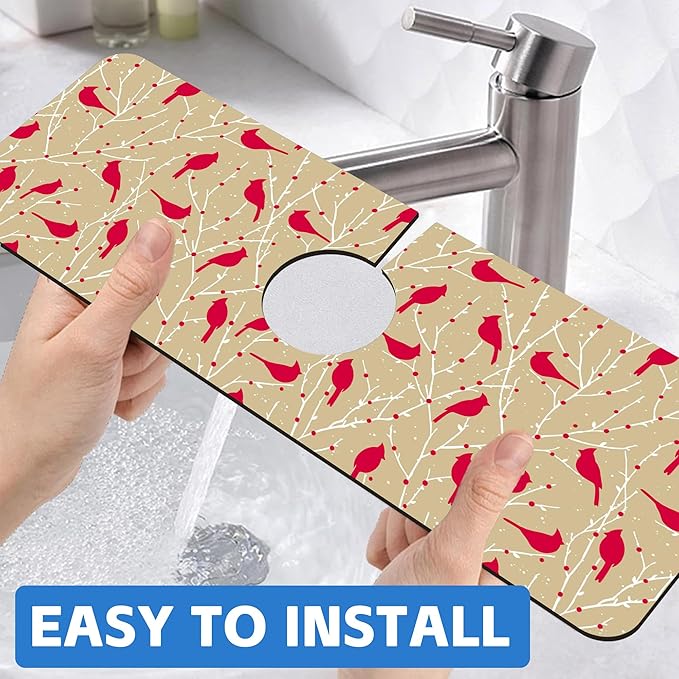 Christmas Cardinal Birds Kitchen Sink Splash Guard Mat Absorbent Fast Drying Mat Faucet Draining Mat Sink Splash Guard Behind Faucet Drip Catcher for Kitchen Bathroom 5.5"×15"