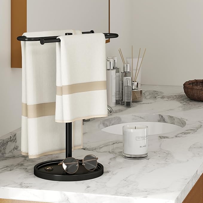 Towel Holder Stand, Stainless Steel Hand Towel Holder Rack for Bathroom Countertop, S-Shape Free Standing Towel Bar Holds 2 Towels for Kitchen Countertop, Black