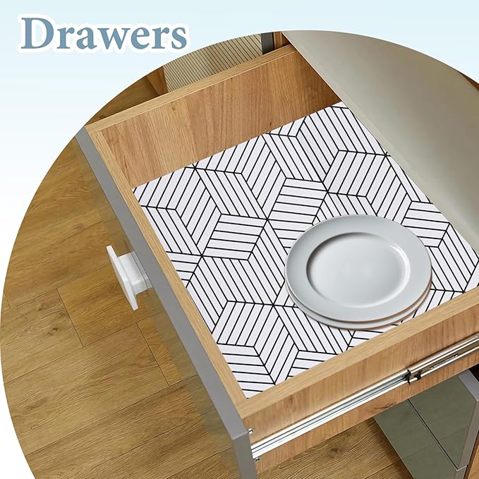 Shelf Liners for Kitchen Cabinets 12in x 20FT, Non Adhesive Cabinet Liner Strong Non-Slip Thickened Black White Geometric Drawer Liner, Easy to Clean for Shelf, Cabinet with Knife and Tape Measure