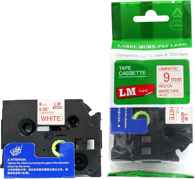 1/Pack LM Tapes - LMe222 Premium 3/8" Red Print on White Label Compatible with P-Touch TZe-222 Tape and Includes Tape Color/Size Guide. Replaces TZ-222 9mm 0.35 Laminated.