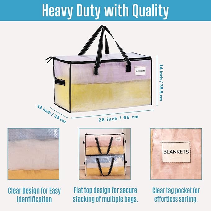 VENO 6 Pack Moving Bags, Christmas Storage Bins, Moving Boxes Alternative, Comforter and Blanket Storage Bags, College Dorm Packing Supplies, Foldable Heavy-Duty Tote (Clear, 6 Pack)
