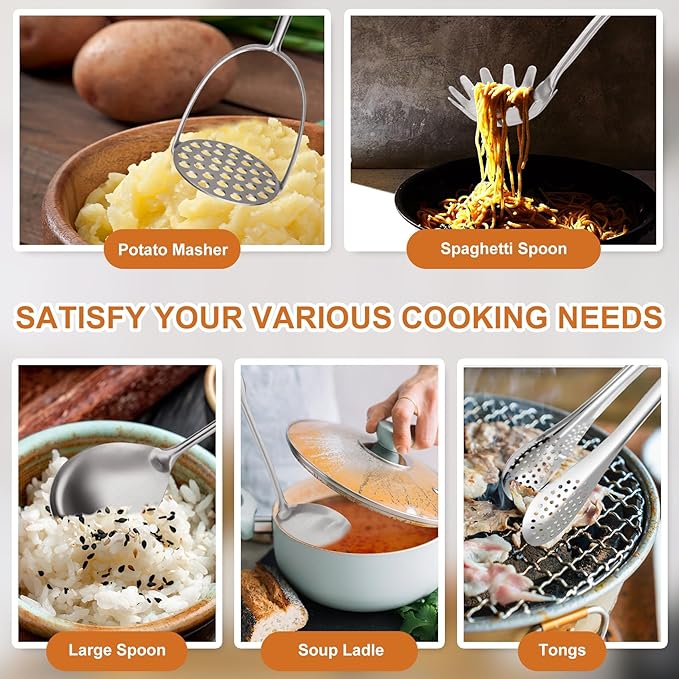 304 Stainless Steel Kitchen Utensils Set with Wooden Handle,12 Pcs Long Heat Resistant Metal Cooking Utensils Set,Spatula, Ladle, Skimmer, Spaghetti Spoon,Tongs,Potato Masher