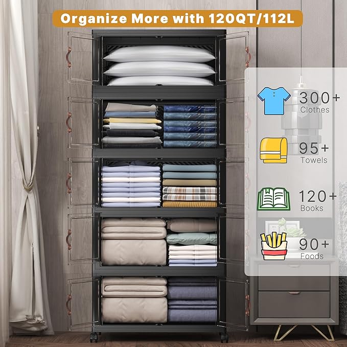 Extra Large Stackable Storage Bins with Lids & Wheels, 275QT-55QT/14GAL*5Pack Foldable Collapsible Closet Organizers Dark Storage Cabinet with Doors for Bedroom Dorm