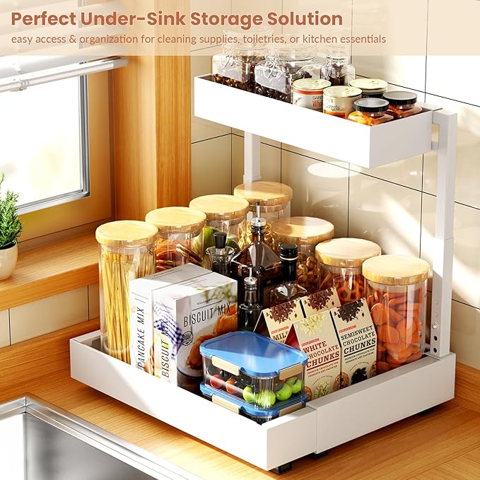 2 Tier Expandable Under Kitchen Sink Organizer, Adhesive Under Bathroom Organizer, Heights Adjustable Pull Out Storage for Kitchen Laundry (White, 16.3D x 12.2"-20.5" W x 14.4"-18.5" H)